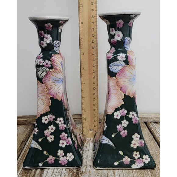 Vintage Chinoiserie Asian Candlestick Set of 2 Floral Green Pink 8 Inches Porcel - Picture 7 of 9